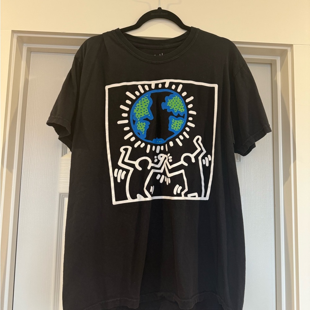 Urban Outfitters Keith Haring Black Graphic T-Shirt with Earth Design